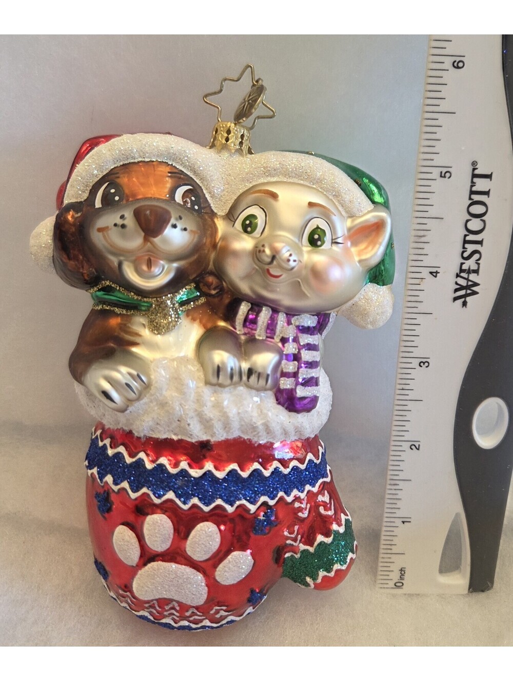 Christopher Radko '12 Pause for Paws Dog & Cat Glass Ornament 6", Mint Condition